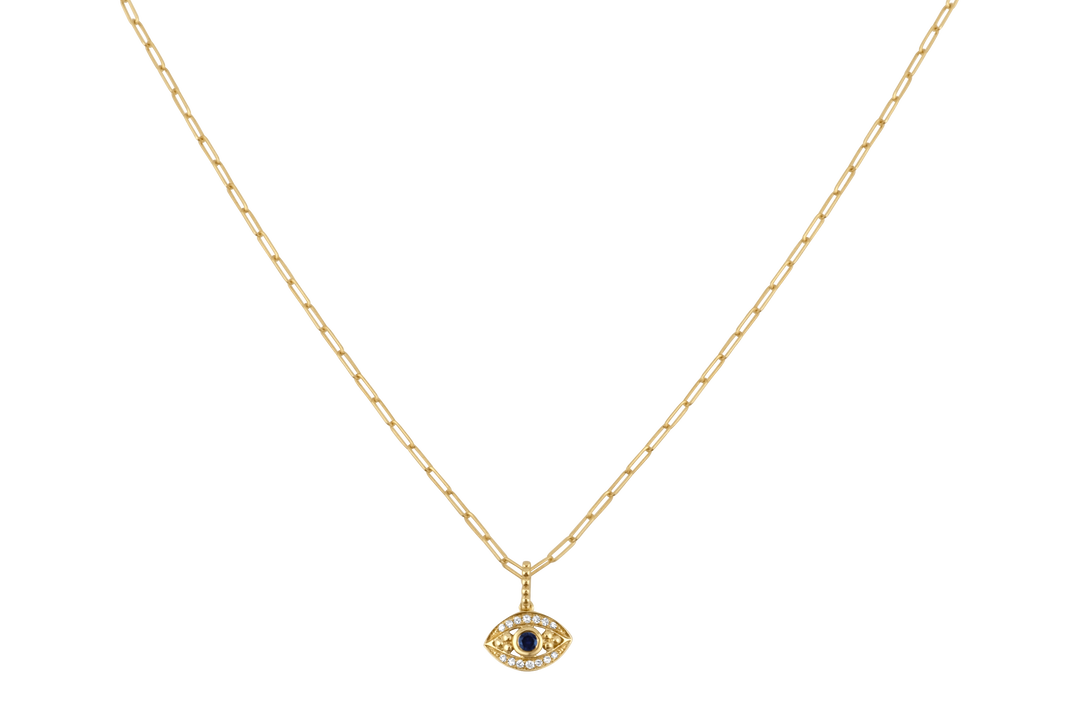 Micro evil eye Sapphire Paper Clip necklace